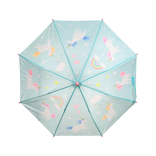 Top-down view of an open light blue children's umbrella, featuring a colourful pattern of flying unicorns, rainbows, stars, and hearts across its canopy, with a pink central hub and pink tips.