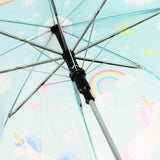 Close-up of the interior of a kids' umbrella, seen from underneath, showing its metal frame and black mechanism. The light blue canopy features a colourful unicorn, rainbow, stars, clouds, and heart pattern.