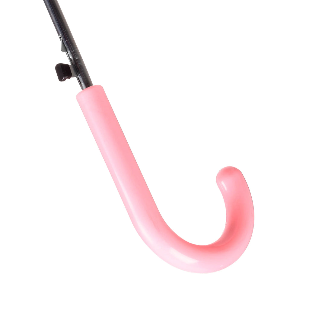 Close-up of a kids' umbrella handle, showing its curved shape and light pink colour, with part of the black shaft visible above.