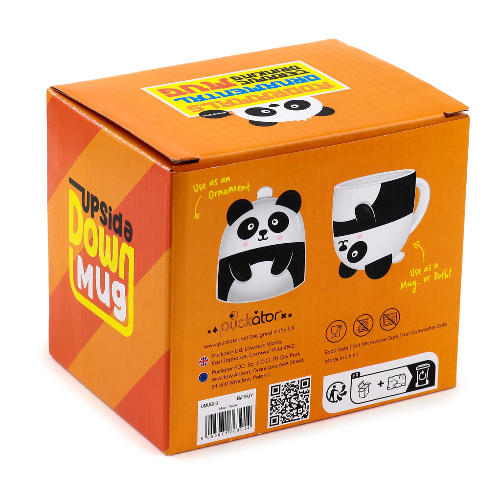 Angled view of an orange packaging box for a Pandarama Upside Down ceramic shaped mug, featuring illustrations of the white and black panda-themed mug presented as both an ornament and a drinking vessel.