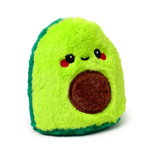 Front view of a bright green plush avocado heat pack with a dark green border, featuring a soft, furry texture, a brown embroidered pit, and an embroidered smiling face with black eyes and red cheeks.