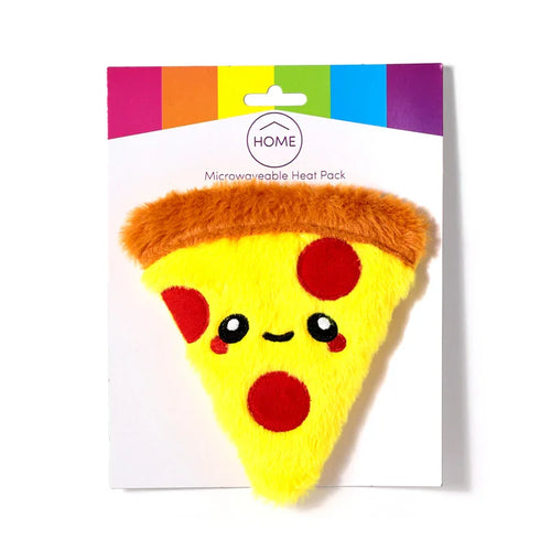 Front view of a yellow plush pizza slice microwavable heat pack, featuring red pepperoni spots, a brown furry crust, and a cute embroidered face, presented on its white retail packaging.
