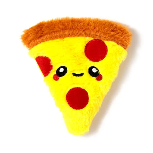 Front view of a yellow plush pizza slice microwavable heat wheat pack, featuring a cute embroidered face, red circular 'pepperoni' spots, and a brown fluffy crust.