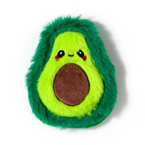 Front view of a plush avocado hand warmer with dark and light green fur, a brown 'stone', and a cute embroidered face.