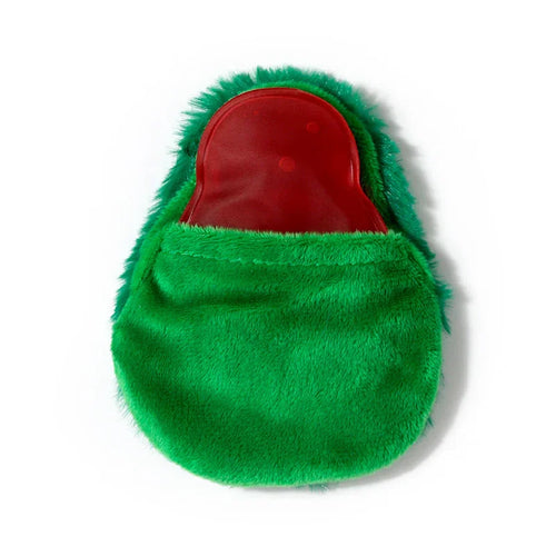 Overhead view of a green plush hand warmer designed like an avocado, with a red heating pack partially visible inside.