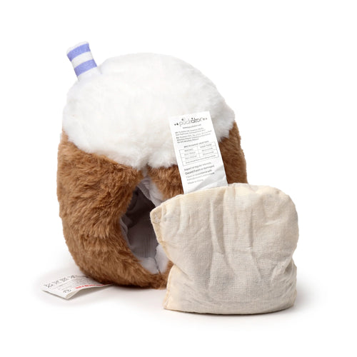 Plush brown and white bubble tea heat pack, featuring a lavender striped straw, shown from an angle with its cream-coloured heating pouch removed and placed alongside, on a white background.