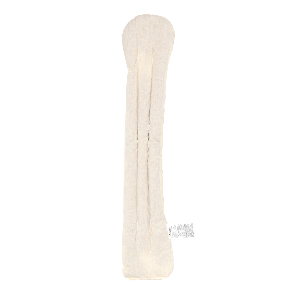 Long, segmented microwavable heat pack made from natural-coloured fabric, with heating instructions visible on an attached label.