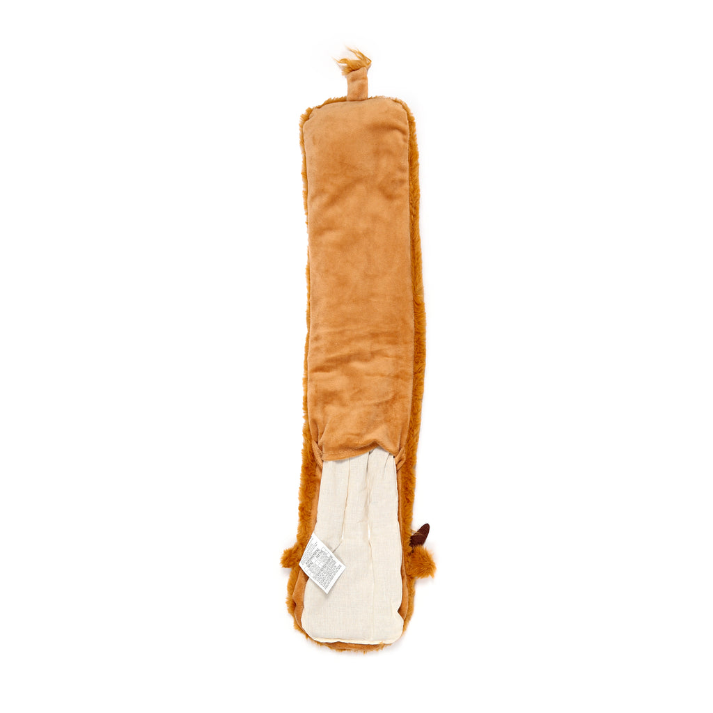 Long, rectangular, tan plush microwavable neck warmer heat pack, laid flat, showing a small fur tuft at one end and an open section revealing a cream-coloured inner lining with a care label.