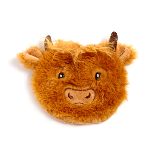 Front view of a brown shaggy plush Highland Coo hand warmer, featuring embroidered eyes and nose, with small ears and horns.