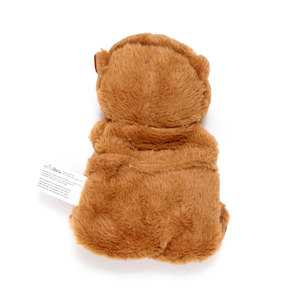 Back view of a brown plush capybara microwavable heat pack, with a white label, on a white background.