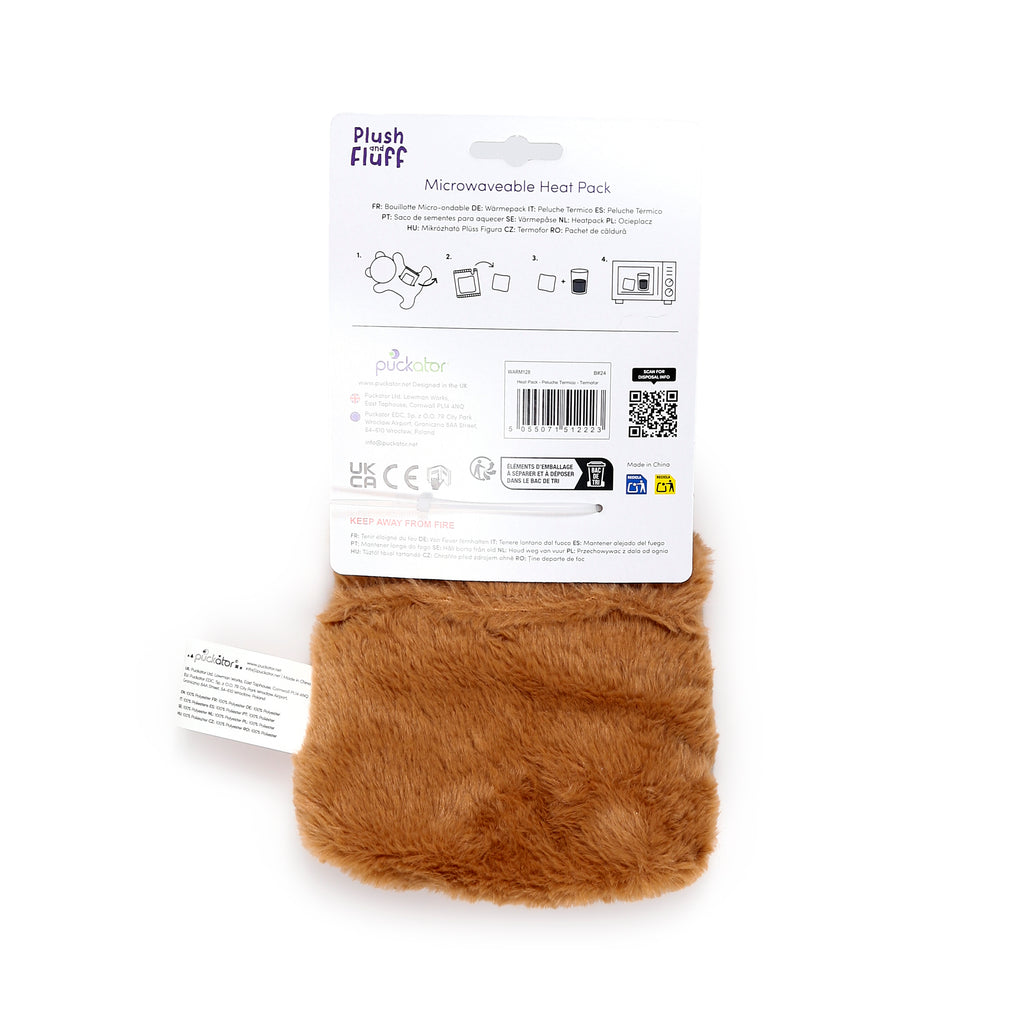 Rear view of the microwavable plush heat pack's packaging, displaying product information and a barcode, with the brown furry texture of the heat pack visible at the bottom.