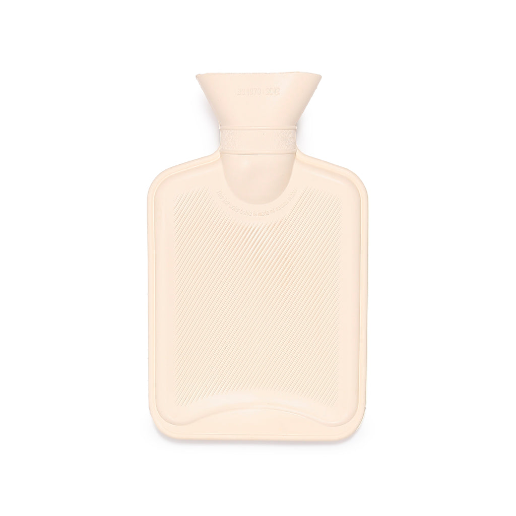 Cream-coloured rubber hot water bottle, shown from above, with a ribbed body and embossed text around the neck indicating it is made of natural rubber.