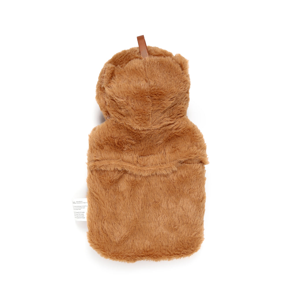 Overhead view of a brown furry plush hot water bottle cover with a small brown ribbon loop.