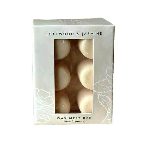 Angled front view of a pale sage green box containing six off-white dome-shaped Teakwood & Jasmine wax melts, visible through a clear window, detailed with subtle floral line illustrations.