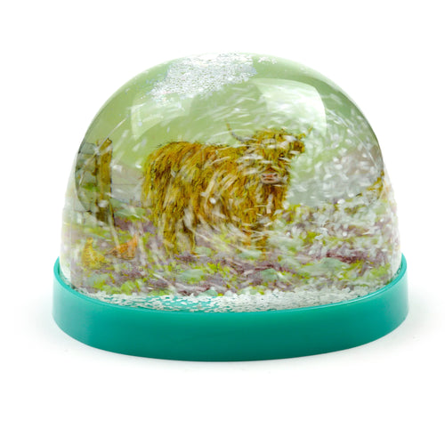 Angled view of a glitter snow globe featuring a ginger Highland Coo, with a teal green base.