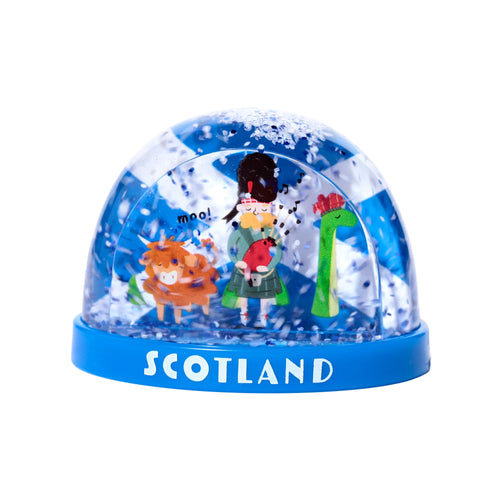 Front view of a collectable Scotland snow globe featuring a Highland cow, a bagpiper, and the Loch Ness Monster inside. The dome contains blue and white glitter and has a blue and white chequered background. The blue base displays 'SCOTLAND' in white lettering.