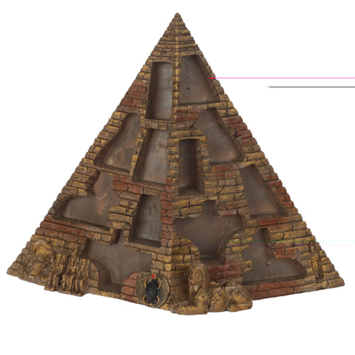 Angled view of a novelty pyramid display stand, featuring an ancient brick-effect finish in reddish-brown and gold, with multiple internal display compartments. The base is adorned with intricate Egyptian-style carvings, including sphinxes and a scarab beetle motif.