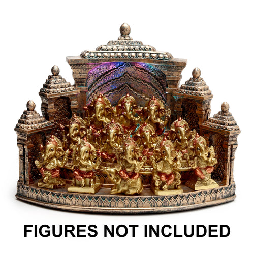 Ornate, bronze-tone, tiered temple-style LED display stand with intricate detailing and multicolour illumination at the back, designed for figures like the gold Ganesh examples shown, on a white background.