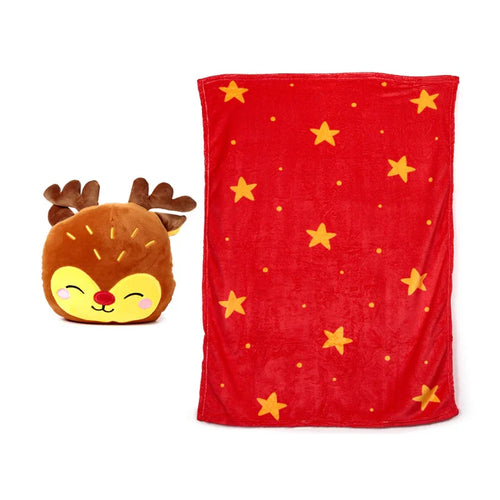 Front view of a brown plush reindeer toy with antlers, beside a folded red travel blanket patterned with yellow stars and dots.