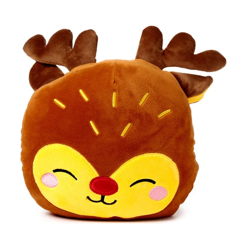 Front view of a soft, brown Festive Friends Christmas Rudolph plush toy, featuring a red nose, yellow face with closed embroidered eyes and pink embroidered cheeks, brown antlers, and yellow embroidered accent lines on its head, set against a white background.