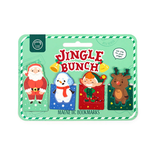 Front view of a magnetic bookmark set featuring four Christmas characters: Santa Claus, a snowman, an elf, and a reindeer, displayed on a festive green backing card.