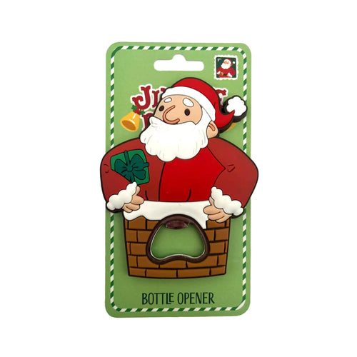 Front view of a Christmas PVC bottle opener featuring Santa Claus in a red suit and white beard, emerging from a brown brick chimney, displayed on green retail packaging with 'Bottle Opener' text at the bottom.