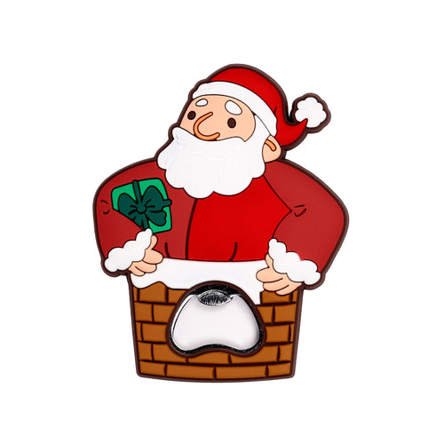 Front view of a Christmas PVC bottle opener depicting Santa Claus in a red suit and hat, emerging from a brown brick chimney and holding a green gift.