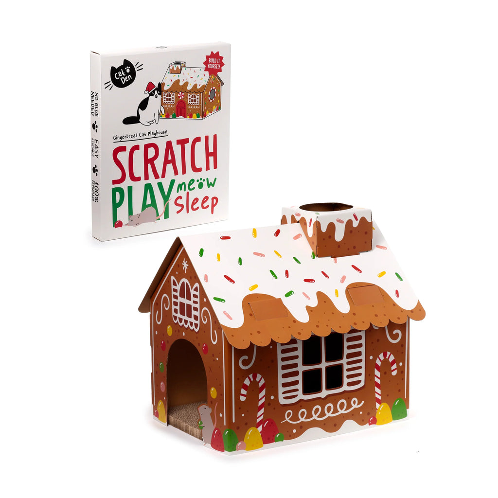 Assembled cardboard Christmas gingerbread house cat den playhouse with a scratching pad, shown from front and side with its product packaging.