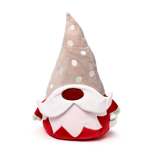 Front view of a Christmas gonk plush toy, featuring a red body with white detailing, a long white beard, a dark red nose, and a tall, light brown hat with white polka dots.