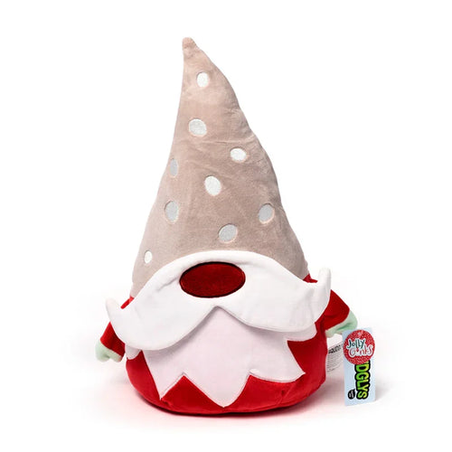 Front view of a plush Christmas gonk toy featuring a red body, a large white beard, a red nose, and a light brown, polka-dotted hat. A small product tag hangs from its side.