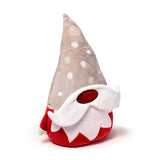 Front view of a Christmas Gonk plush toy featuring a red body, fluffy white beard, dark red nose, and a tall, pointed beige hat with white polka dots.