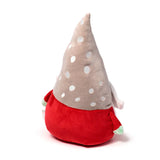 Angled rear view of a Squidglys Christmas Gonk plush toy, featuring a red body and a grey conical hat with white polka dots.
