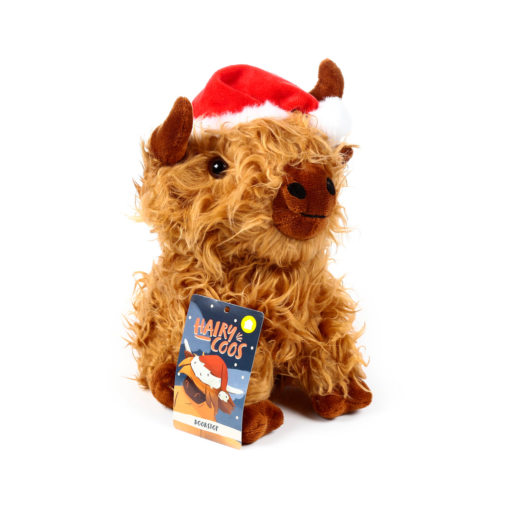 Angled view of a brown, shaggy plush Highland Coo door stop wearing a red and white Santa hat.
