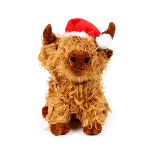 Front view of a plush Christmas Highland coo door stop, ginger-coloured with shaggy fur, wearing a festive red Santa hat.