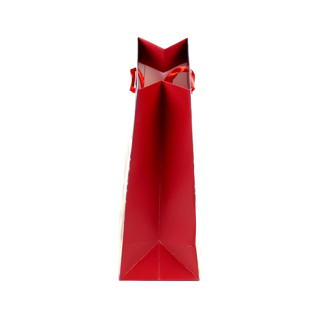 Side view of a red gift bag with red ribbon handles and a folded base.