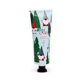 Front view of a 75ml moisturising hand cream tube with a Christmas gonk design. The light blue tube features festive gonks and green trees, with 'Jolly Gonks' and 'Gingerbread' text.