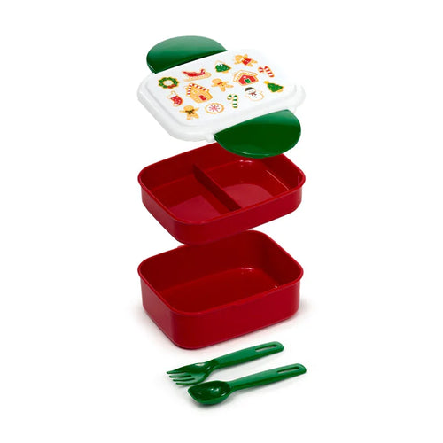 Exploded view of a red two-tier bento clip lock lunch box, featuring a white lid with colourful Christmas gingerbread and festive patterns, green clip locks, and matching green fork and spoon cutlery.