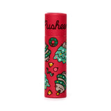 Front view of a red paper stick lip balm featuring Christmas Pusheen the cat designs, including trees, wreaths, and bells.