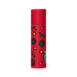 Upright red paper stick lip balm featuring a Christmas Pusheen the Cat design, with visible green wreaths, bells, and ribbons.