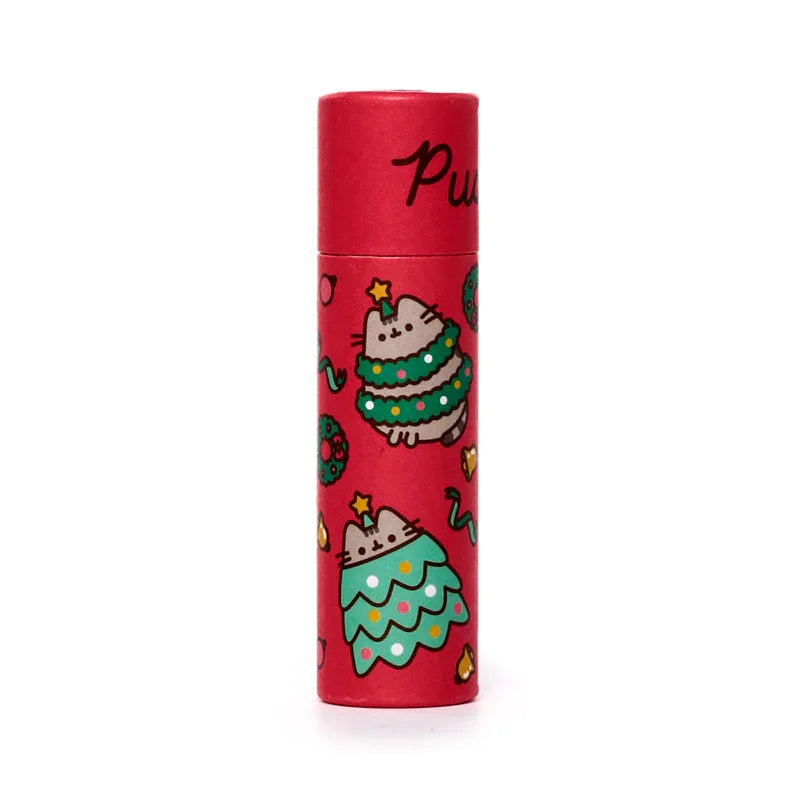 Front view of a red paper stick lip balm, decorated with Christmas Pusheen cat illustrations and festive wreaths.
