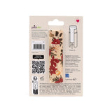 Front view of a paper stick lip balm with Christmas botanical packaging, featuring red poinsettias, green holly, gold baubles, and a candy cane, on a natural-coloured retail card.