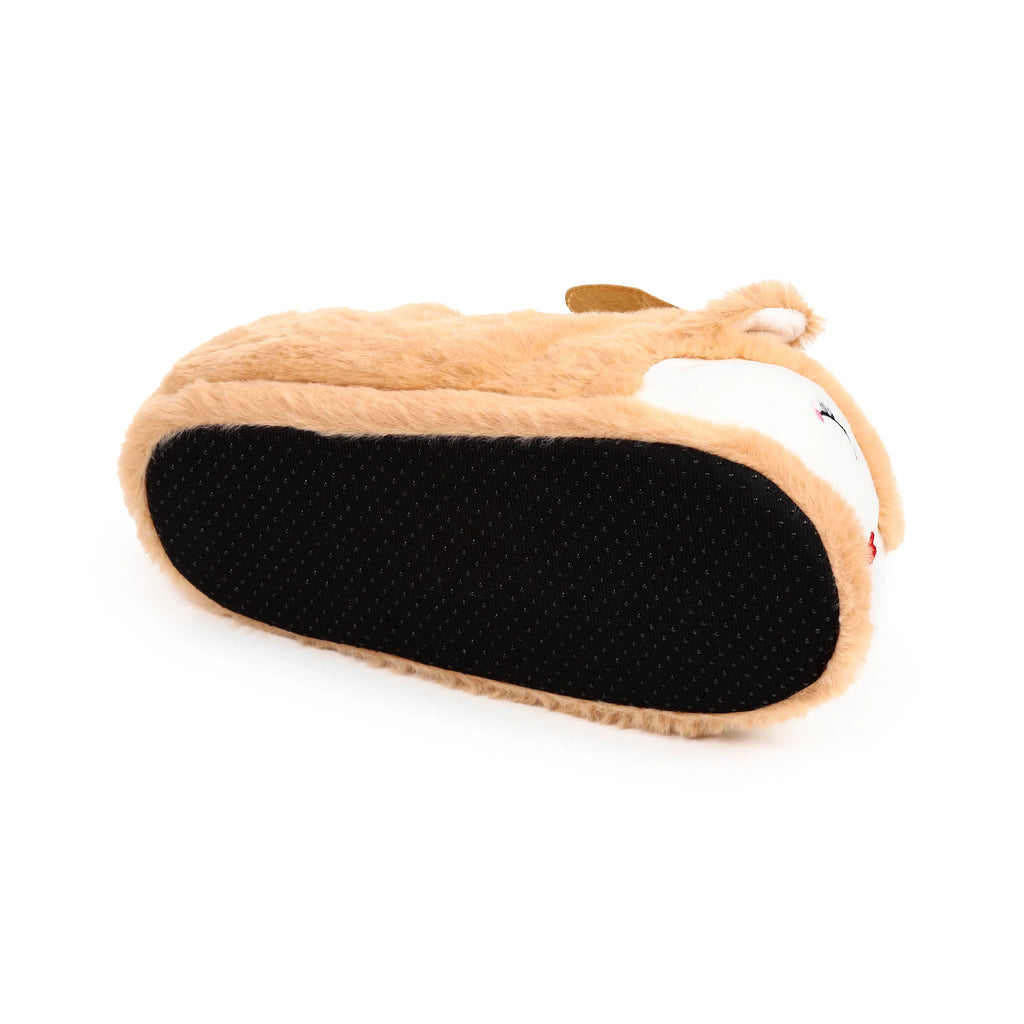 Plush tan reindeer slipper, angled to show its black anti-slip sole and part of its white embroidered face.