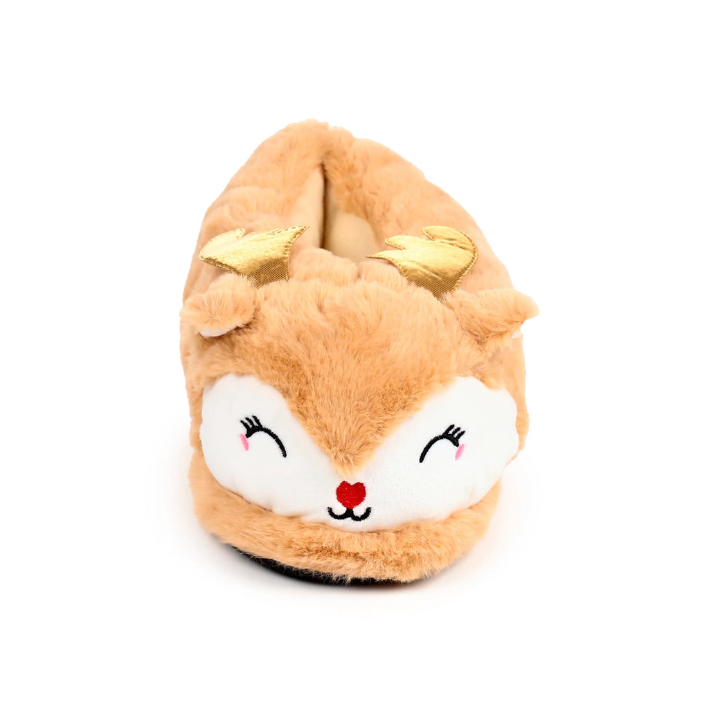 Front view of a plush light brown slipper featuring an embroidered reindeer face with closed eyes, a red nose, and gold antlers.