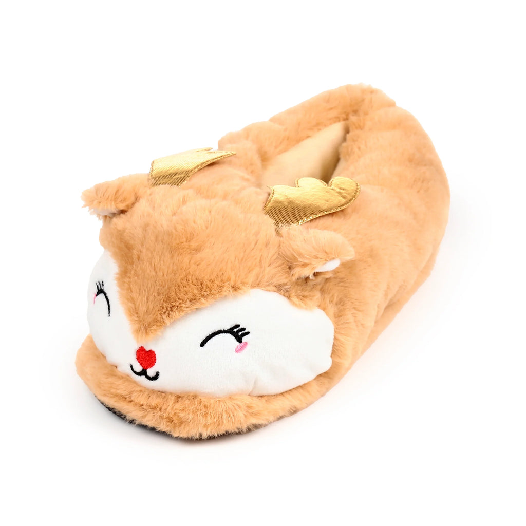 Angled view of a single plush Christmas reindeer slipper made from light brown faux fur. It features an embroidered white face with closed eyes, pink cheek blush, a red heart-shaped nose, and gold-coloured antlers.