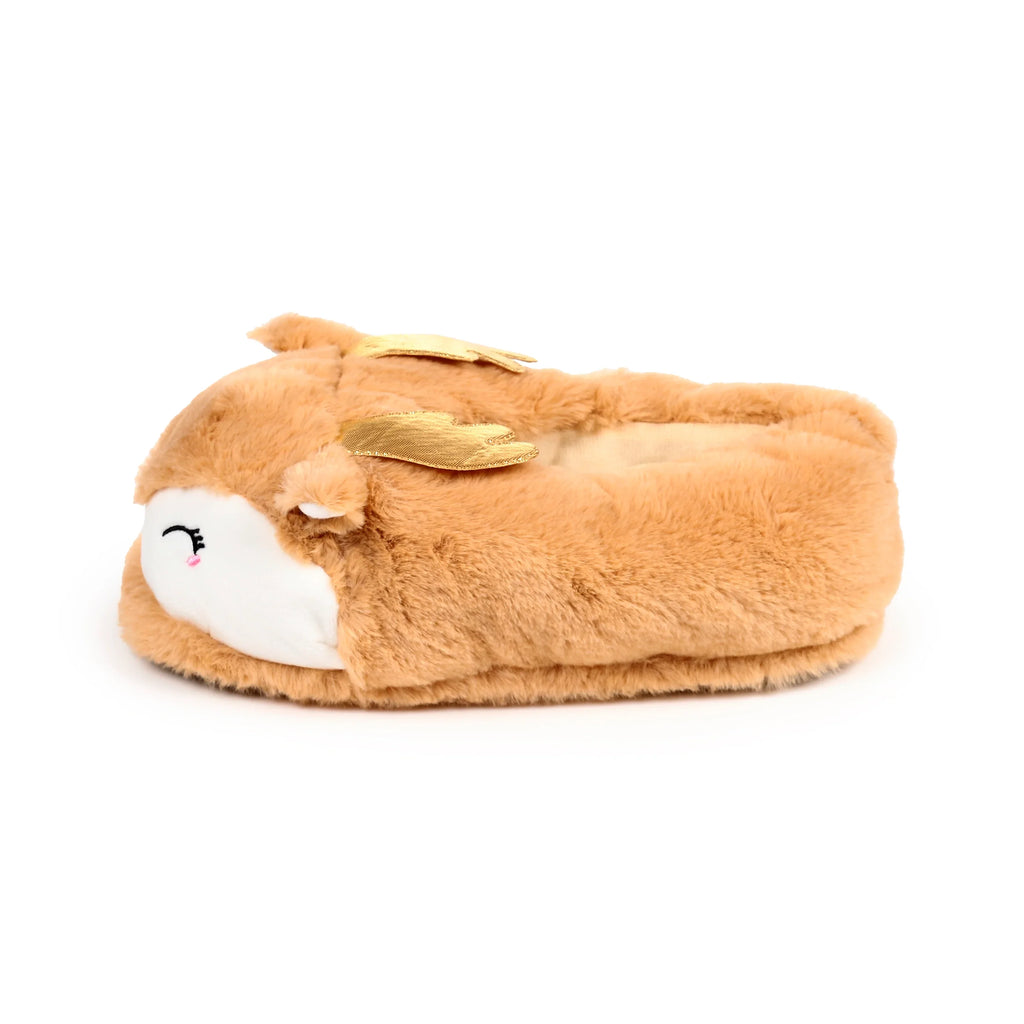 Angled view of a single brown plush reindeer slipper, showing its white face with black eyelashes and golden antlers.