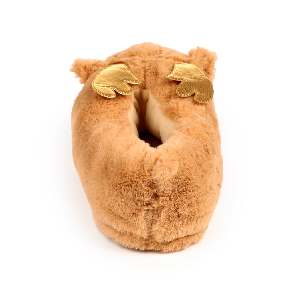 Angled view of a single brown plush Christmas reindeer slipper, featuring golden glitter antlers and a soft, creamy interior lining.