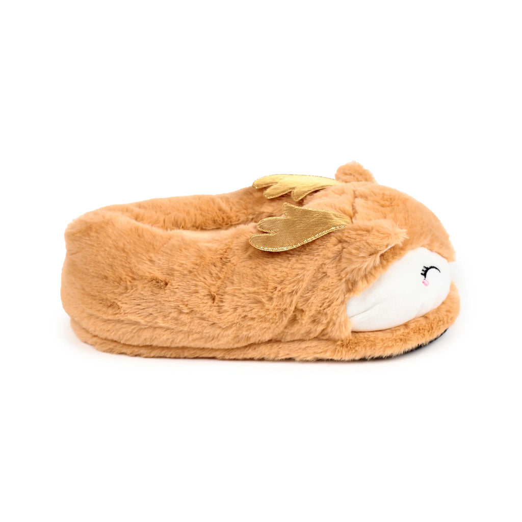 Angled side view of a brown plush Christmas reindeer slipper, featuring golden antlers and a white face with closed eyes.