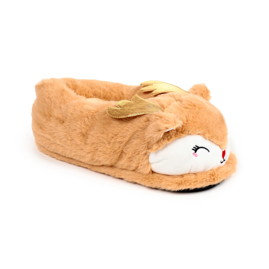 Tan plush Christmas reindeer slipper with winking eyes, pink cheeks, a red nose, and golden antlers, shown from an angled front view.