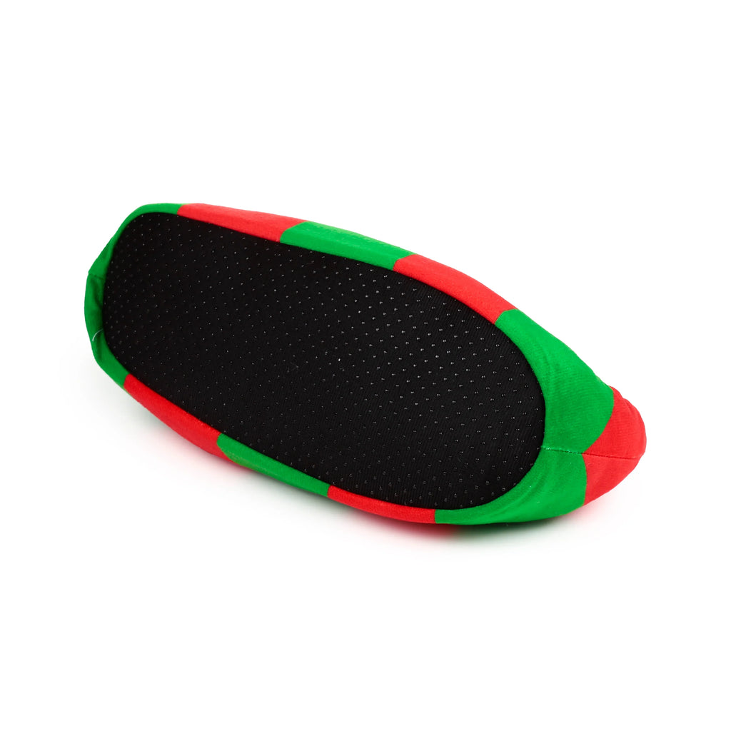 Angled view of a red and green striped plush slipper, showing its black anti-slip sole.