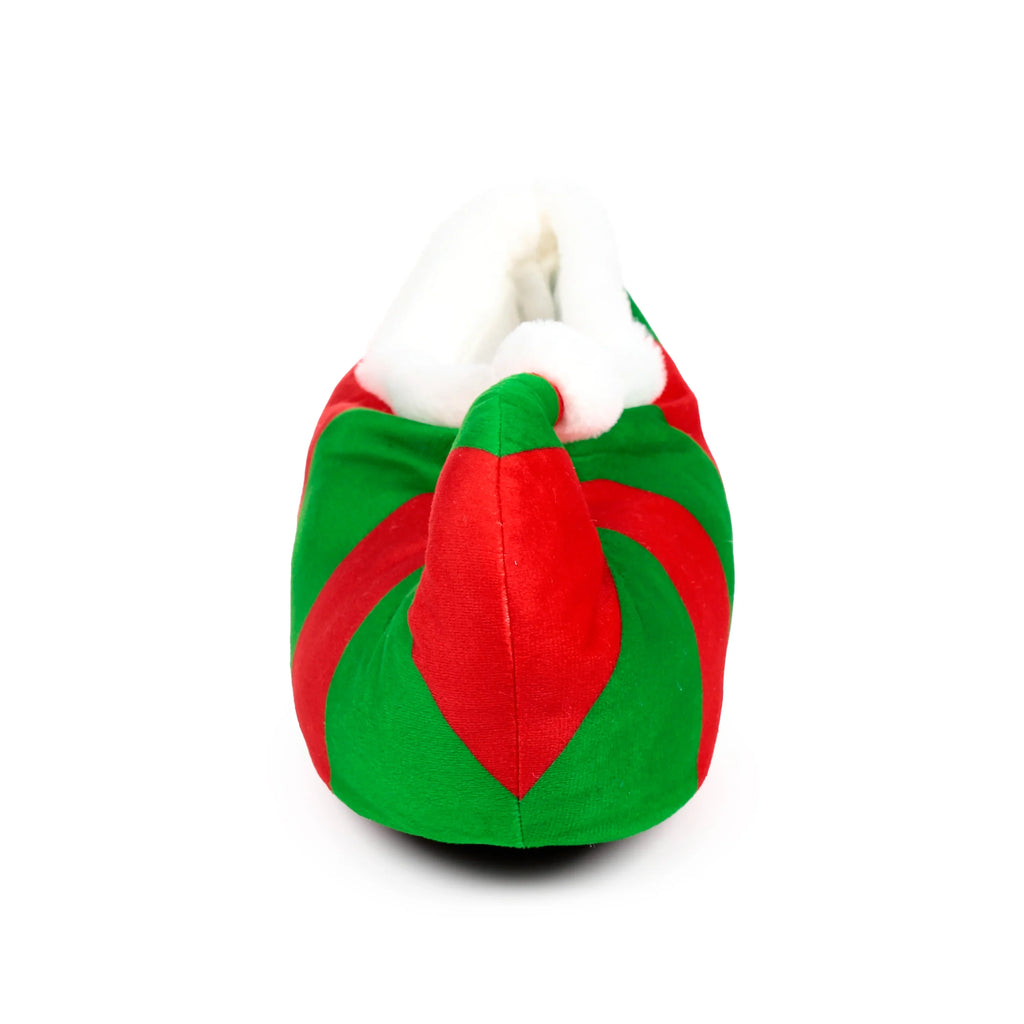 Plush Christmas elf slipper in green and red stripes, with a visible white fluffy trim around the wide opening.